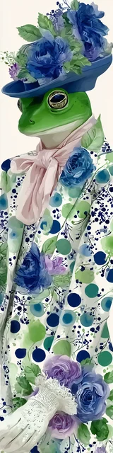 Free printable frog bookmark featuring tall green frong with fashion clothes